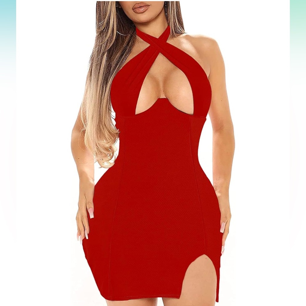 LYANER Women's Cut Out Halter Wrap Sexy Bodycon Party Mini Dress Medium